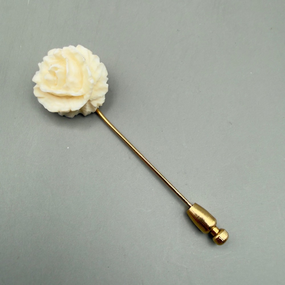 Carved Rose Stick Pin Gold Filled Cream White Floral Flower Lapel Hat Pin Brooch